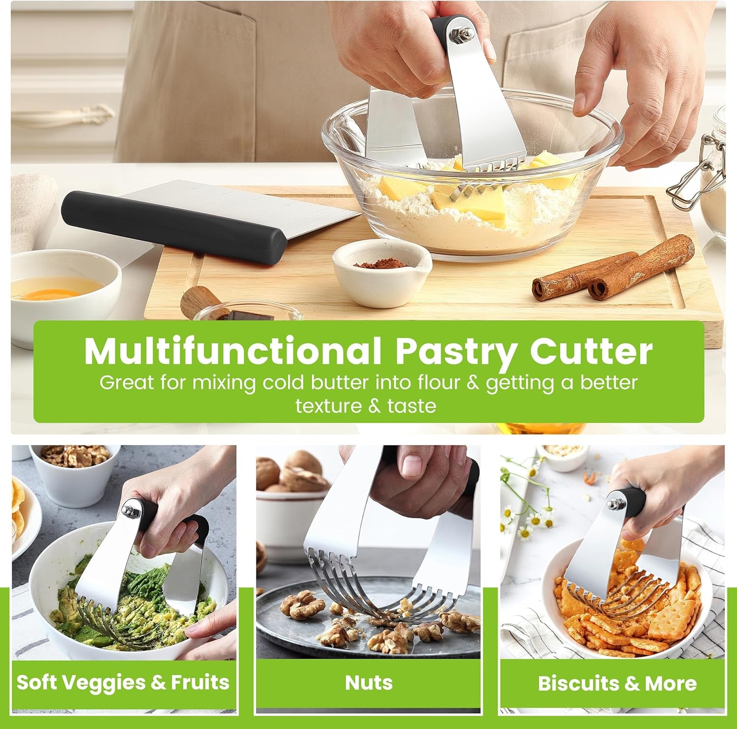 - Dough Blender and Pastry Cutter, Stainless Steel Nut, Pie, Pastry and Dough Cutter and Scraper, Multipurpose Baking Tools with Soft Grip Handles, Black