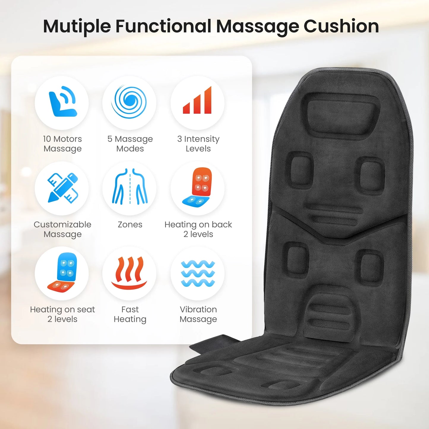 Motors Massage Seat Cushion with 3 Level Heating Pad, Back Massager Chair Pad, Father'S Day Gifts