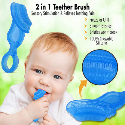 Baby’S First Toothbrush & Teether - Dentist Recommended, Freezer-Safe Silicone for Ages 4+ Months, Teething Relief + Dental Care, Dishwasher Safe, Blue