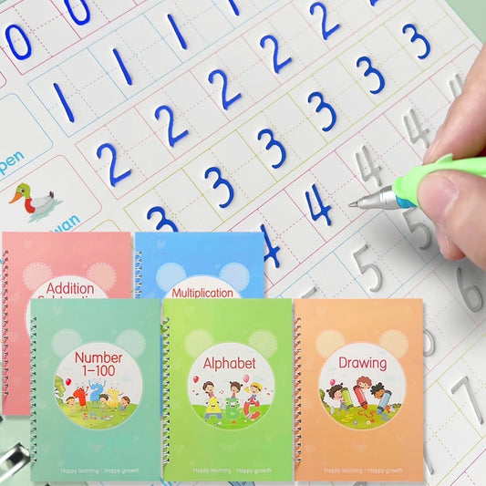 Magic Groove Handwriting Practice Copybook, Reusable A5 Learning Notebook for Kids, 5 Books with 2 Pens