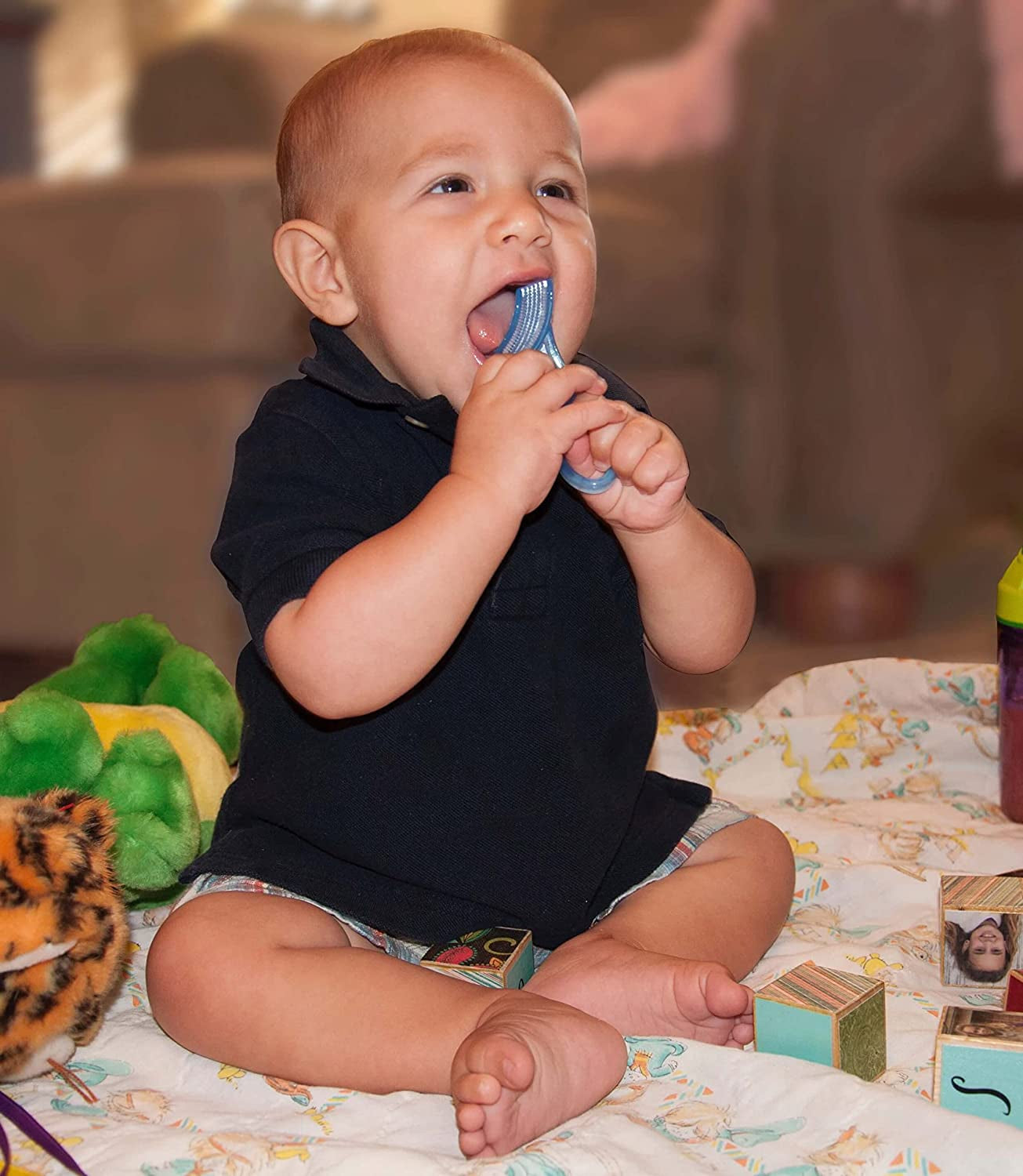 Baby’S First Toothbrush & Teether - Dentist Recommended, Freezer-Safe Silicone for Ages 4+ Months, Teething Relief + Dental Care, Dishwasher Safe, Blue