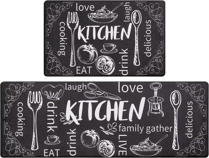 anti Fatigue Kitchen Mat Set of 2 Non Slip Thick Cushioned Kitchen Rug Sets with Runner 17"X48"+17"X28" Heavy Duty Comfort Standing Mats Waterproof Kitchen Carpet