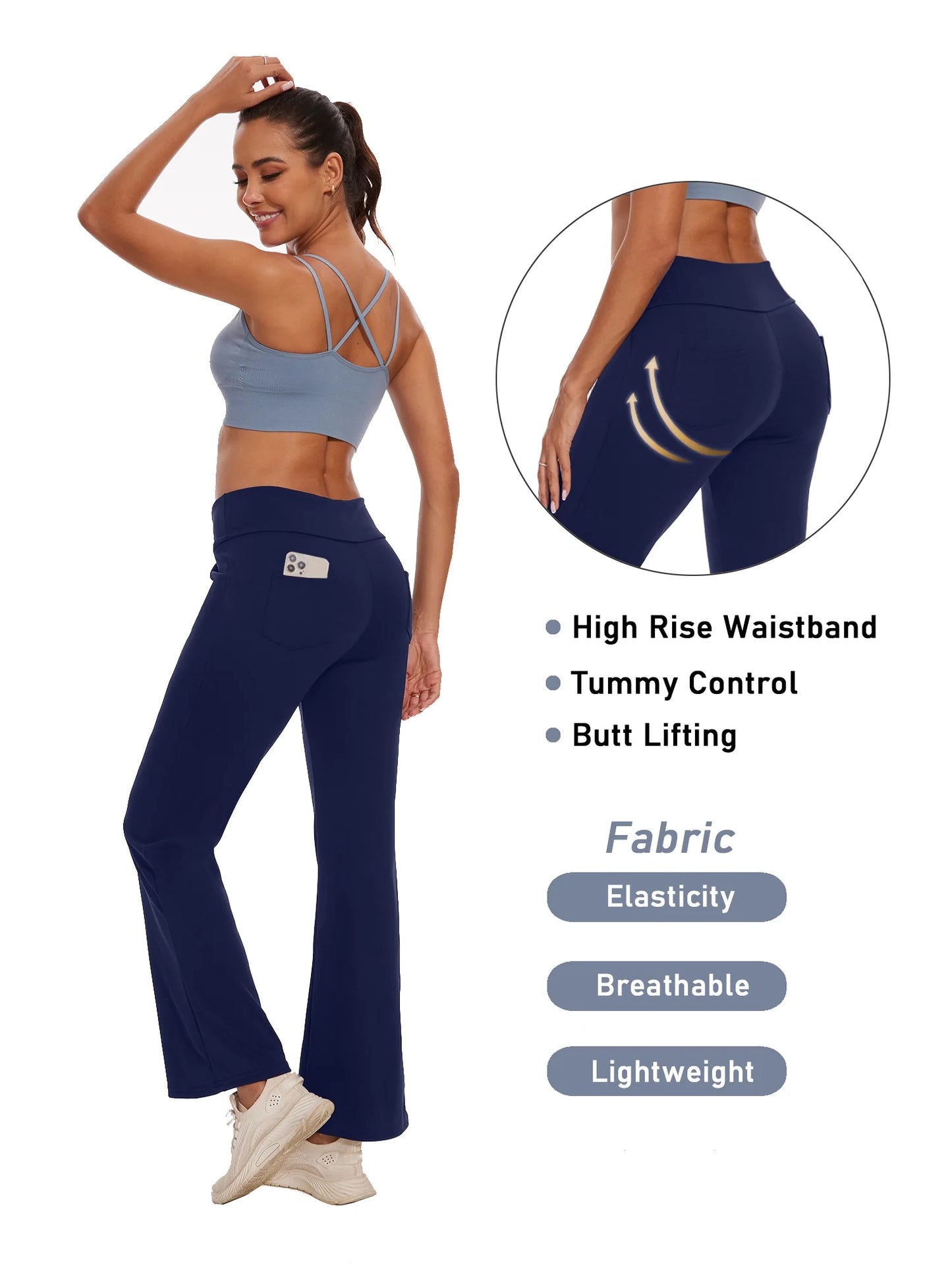 Womens Bootcut Yoga Pants Flare Workout Legging with Pockets High Waist Lightweight Bottoms Activewear Navy Blue 3XL