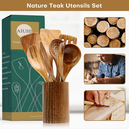 (Without Holder)Kitchen Wooden Utensils for Cooking ,Nonstick Wood Utensil Natural Teak Wood Spoons for Cooking,Kitchen Utenails Set,Wooden Kitchen Utensil Set with Spatula and Ladle (10)