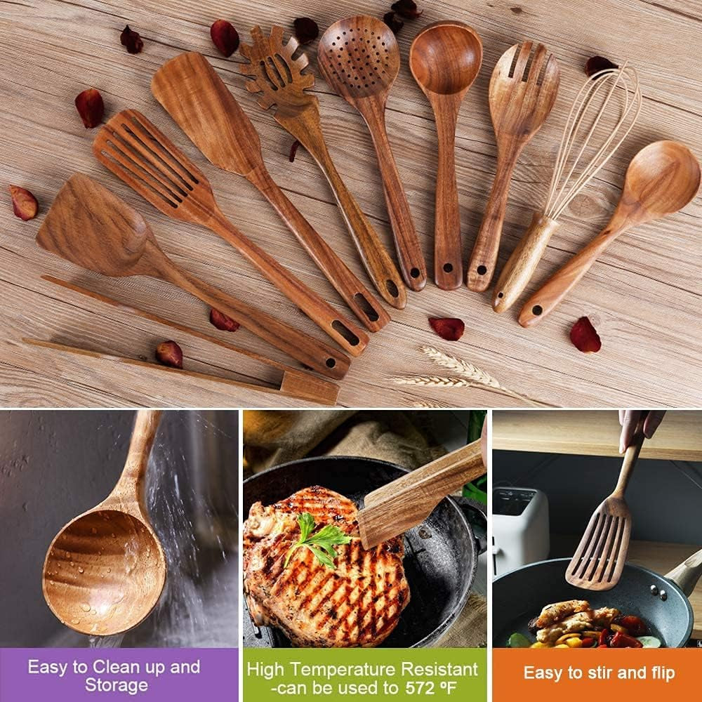 (Without Holder)Kitchen Wooden Utensils for Cooking ,Nonstick Wood Utensil Natural Teak Wood Spoons for Cooking,Kitchen Utenails Set,Wooden Kitchen Utensil Set with Spatula and Ladle (10)
