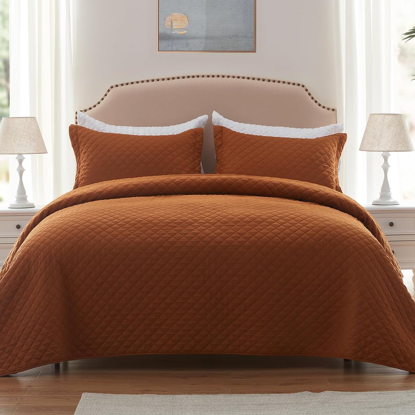 Quilt Set King Rust Lightweight Bedspread Soft Reversible Coverlet for All Season 3Pcs Burnt Orange Diamond Quilted Bedding Sets (1 Quilt 2 Pillow Shams)(106"X96")