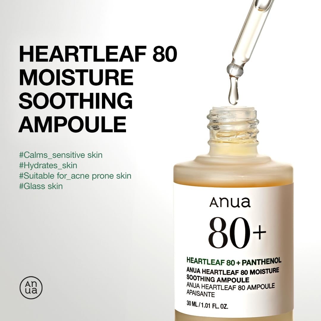 Heartleaf 80 Soothing Ampoule, Hydrating Facial Serum for Glass Skin, Hyaluronic Acid, Panthenol, Lightweight, Non-Greasy Formula, Korean Skincare, 1.01 Fl.Oz