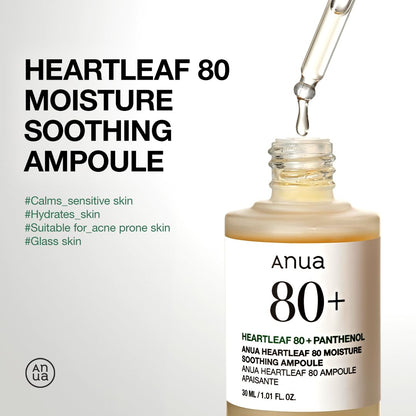 Heartleaf 80 Soothing Ampoule, Hydrating Facial Serum for Glass Skin, Hyaluronic Acid, Panthenol, Lightweight, Non-Greasy Formula, Korean Skincare, 1.01 Fl.Oz