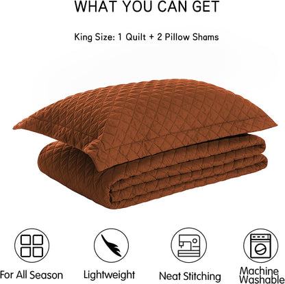 Quilt Set King Rust Lightweight Bedspread Soft Reversible Coverlet for All Season 3Pcs Burnt Orange Diamond Quilted Bedding Sets (1 Quilt 2 Pillow Shams)(106"X96")