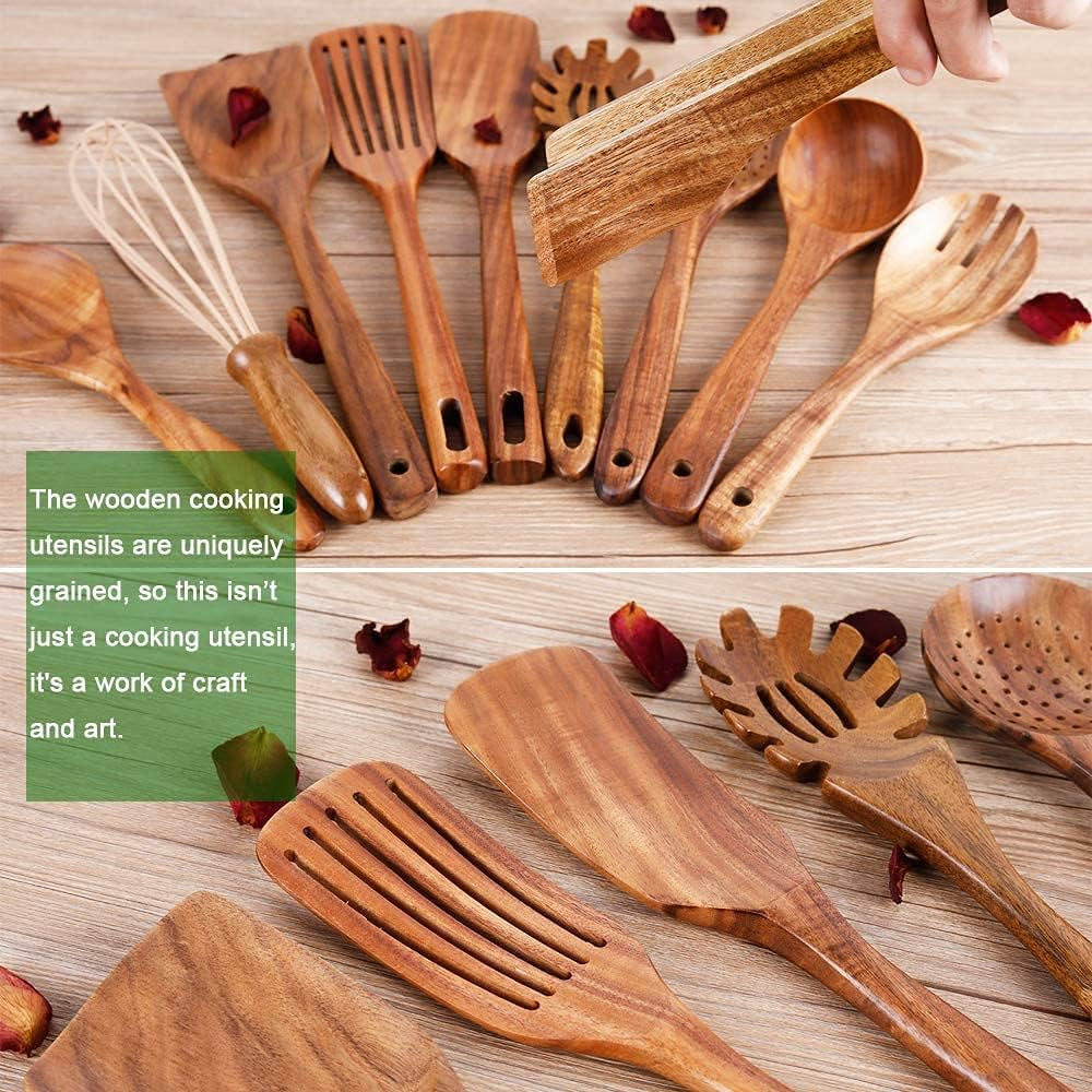 (Without Holder)Kitchen Wooden Utensils for Cooking ,Nonstick Wood Utensil Natural Teak Wood Spoons for Cooking,Kitchen Utenails Set,Wooden Kitchen Utensil Set with Spatula and Ladle (10)
